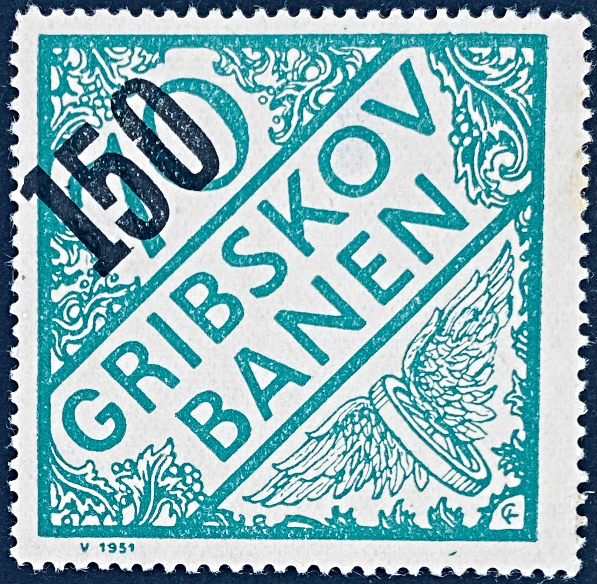 GDS 61 - Provisorium (overtryk) 150 øre sort på 70 Øre Motiv: Vingehjul - Blågrøn.