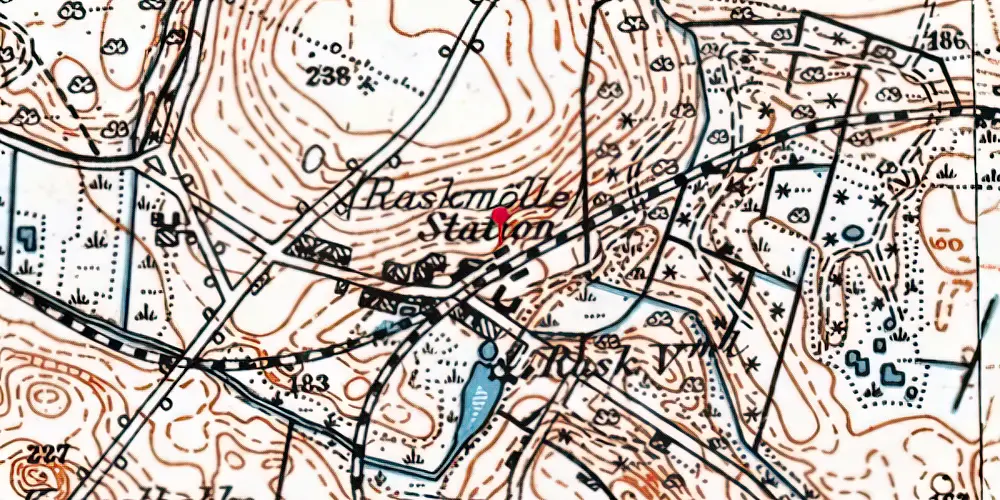 Historisk kort over Rask Mølle Station