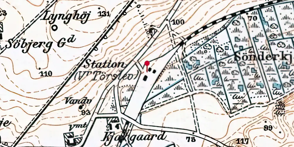 Historisk kort over Vester Tørslev Station