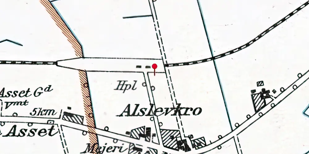 Historisk kort over Alslev Kro Billetsalgssted med Sidespor Historisk kort over Alslev Kro Billetsalgssted med Sidespor