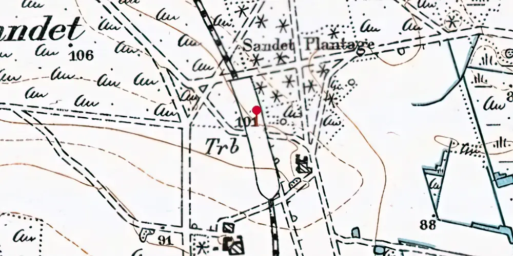 Historisk kort over Sandet (Jylland) Station