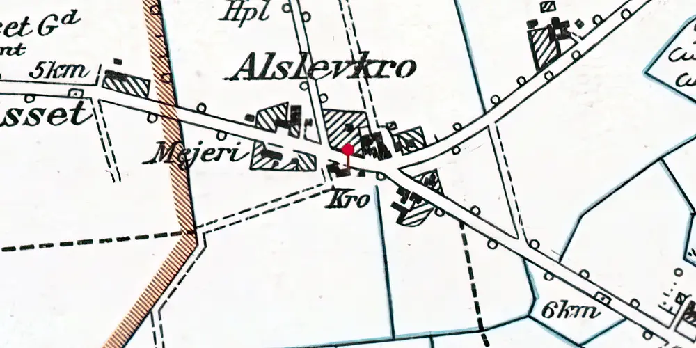 Historisk kort over Alslev Kro (Smalspor) Holdeplads