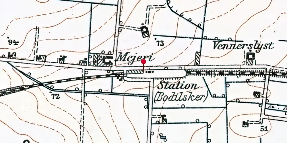 Historisk kort over Bodilsker Station [1900-1952]