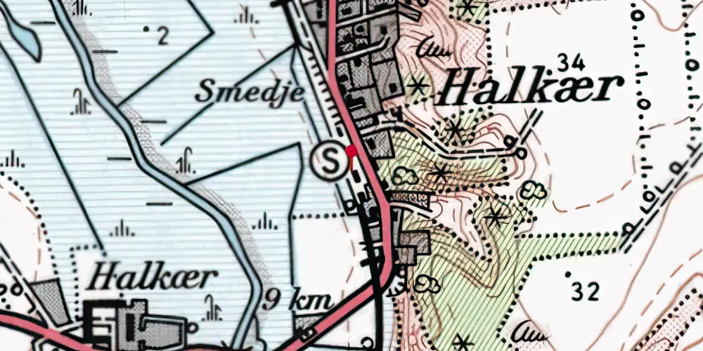 Historisk kort over Halkær Holdeplads med sidespor [1899-1968]