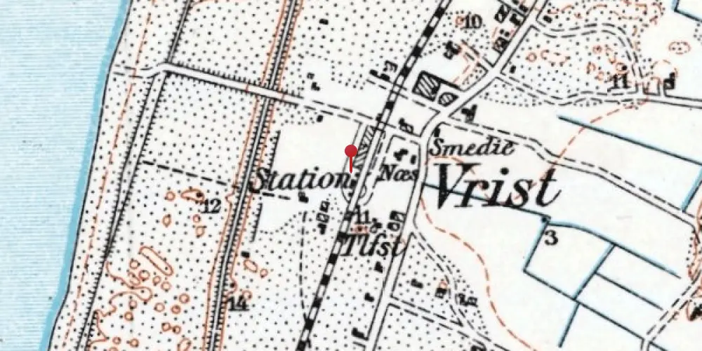 Historisk kort over Vrist Billetsalgssted med Sidespor [1899-1977]