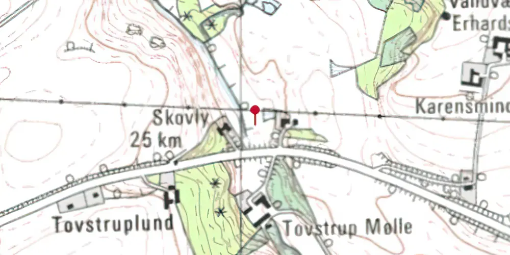 Historisk kort over Toustrup Mølle Trinbræt