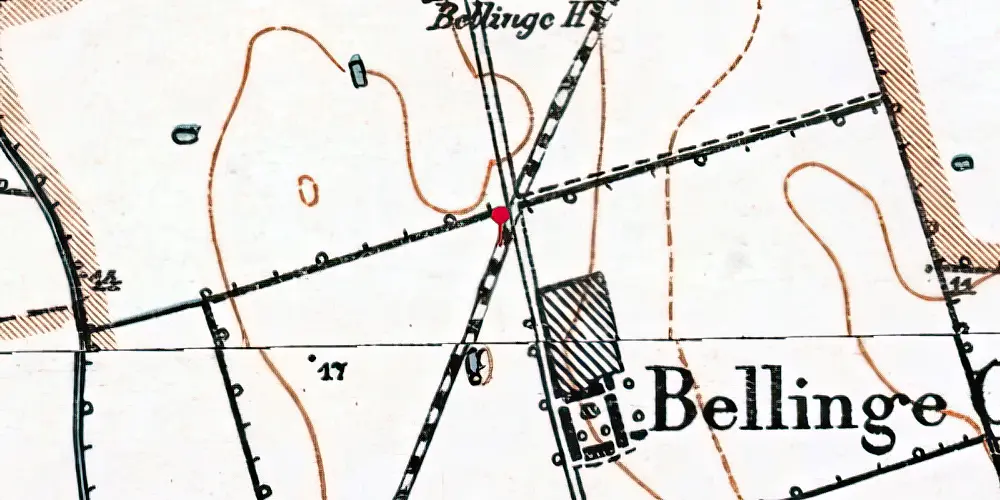 Historisk kort over Bellinge (Falster) Trinbræt med Sidespor