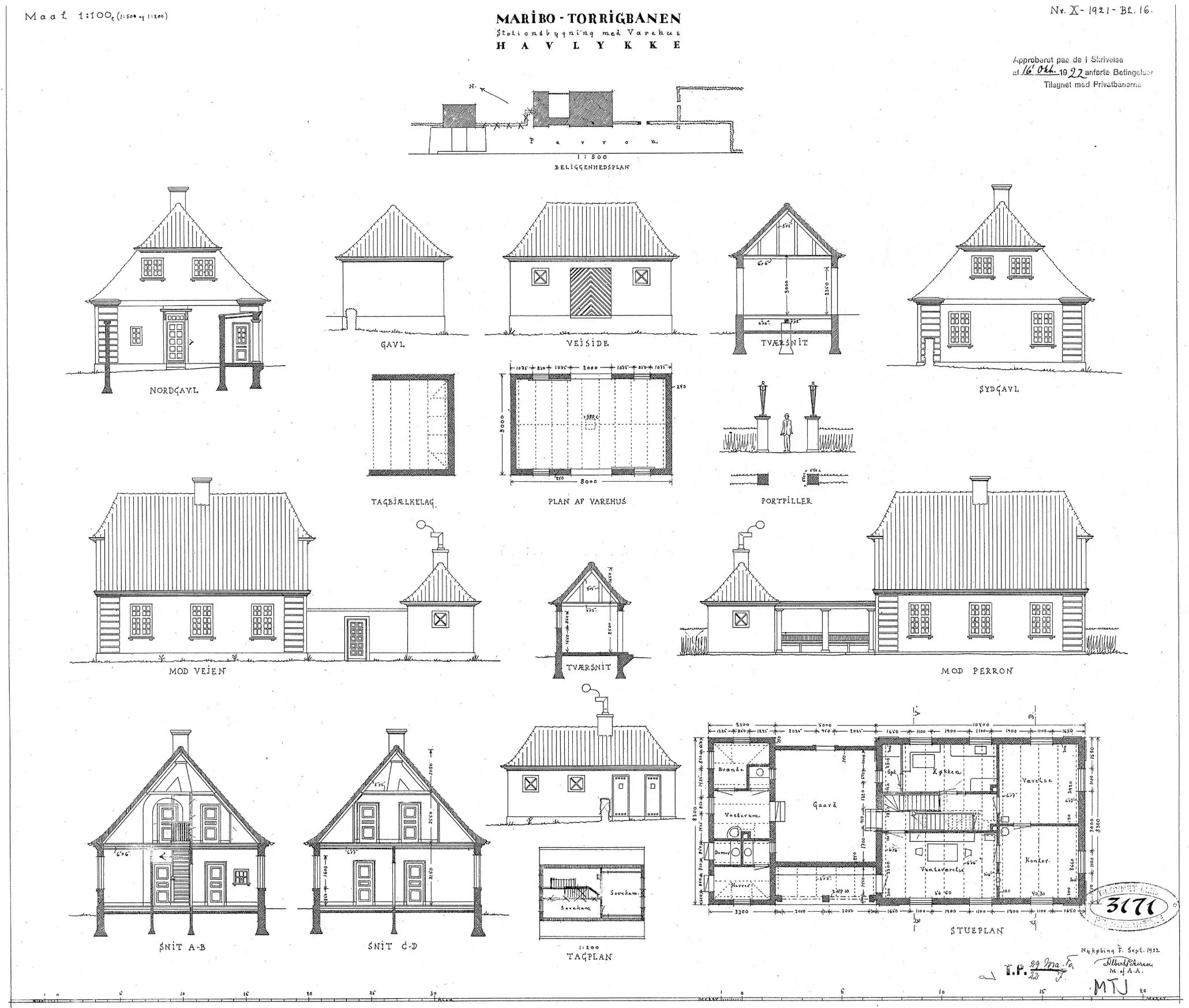 Tegning af Havløkke Station (Havlykke Station) Sign. Albert Petersen.