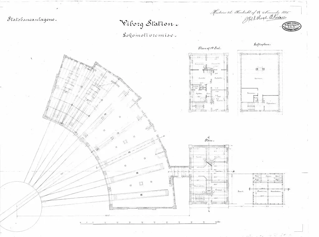 Tegning af  Viborg Stations remise.