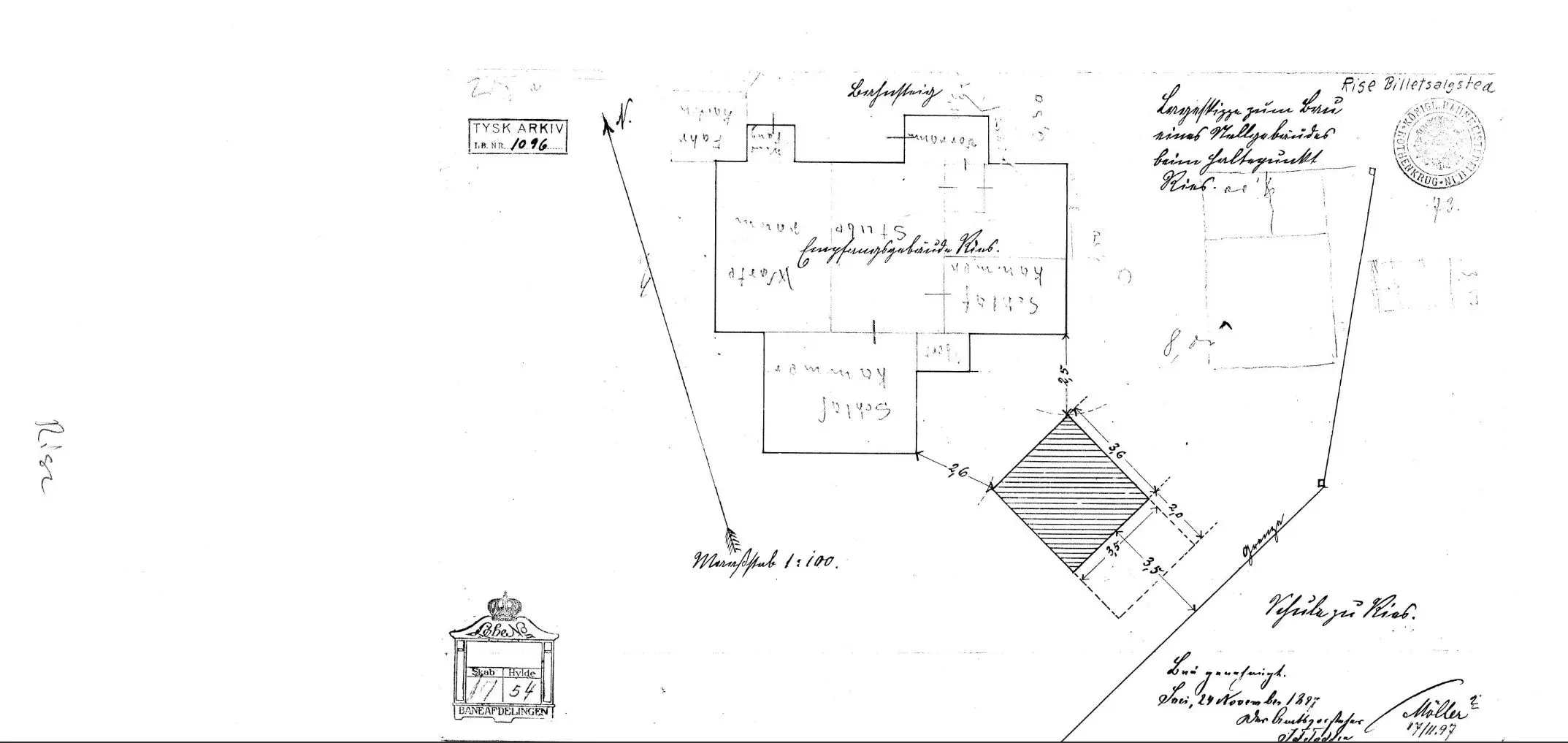 Tegning af Rise Billetsalgssted - Udvidelse af stationsbygning. Tegning af Rise Billetsalgssted - Udvidelse af stationsbygning.