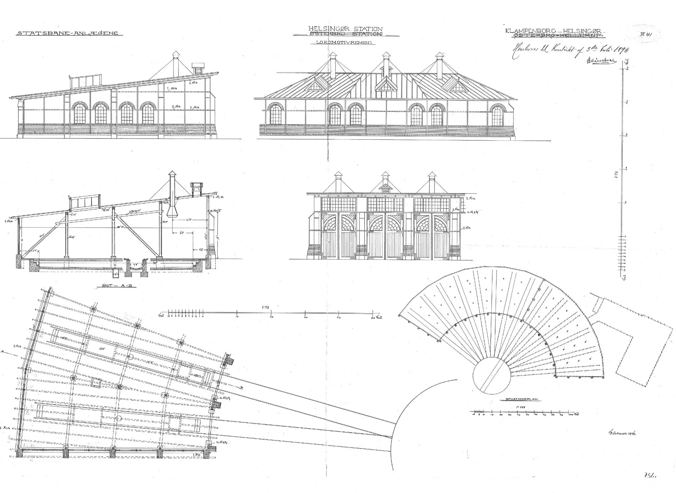 Tegning af  Østerport Stations remise.