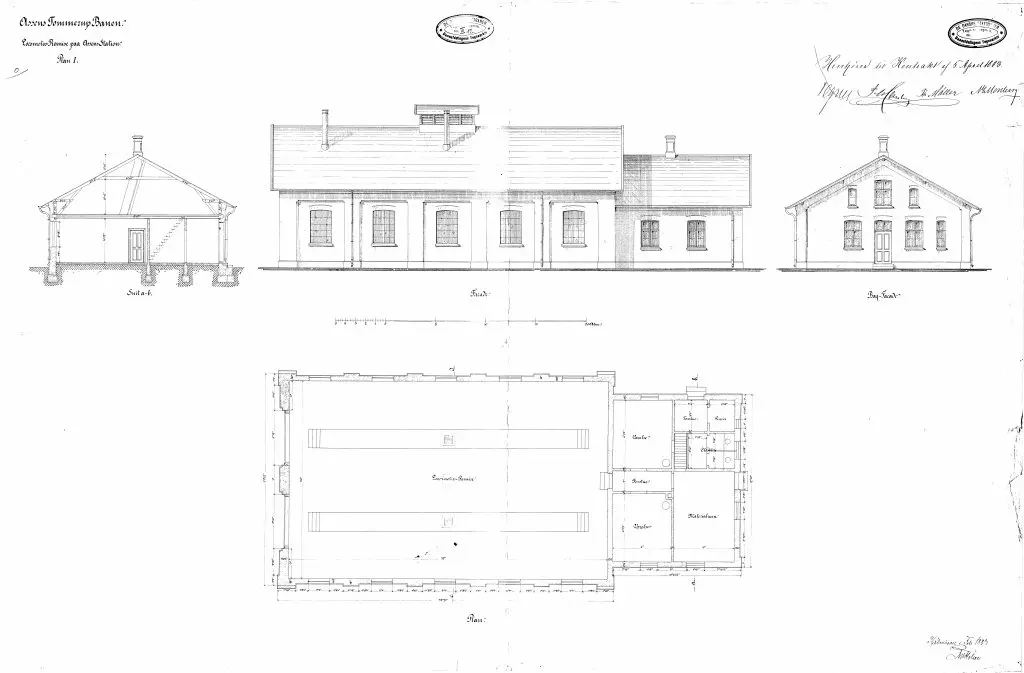 Tegning af Assens Stations remise Sign.: N.P.C. Holsøe. Tegning af Assens Stations remise Sign.: N.P.C. Holsøe.