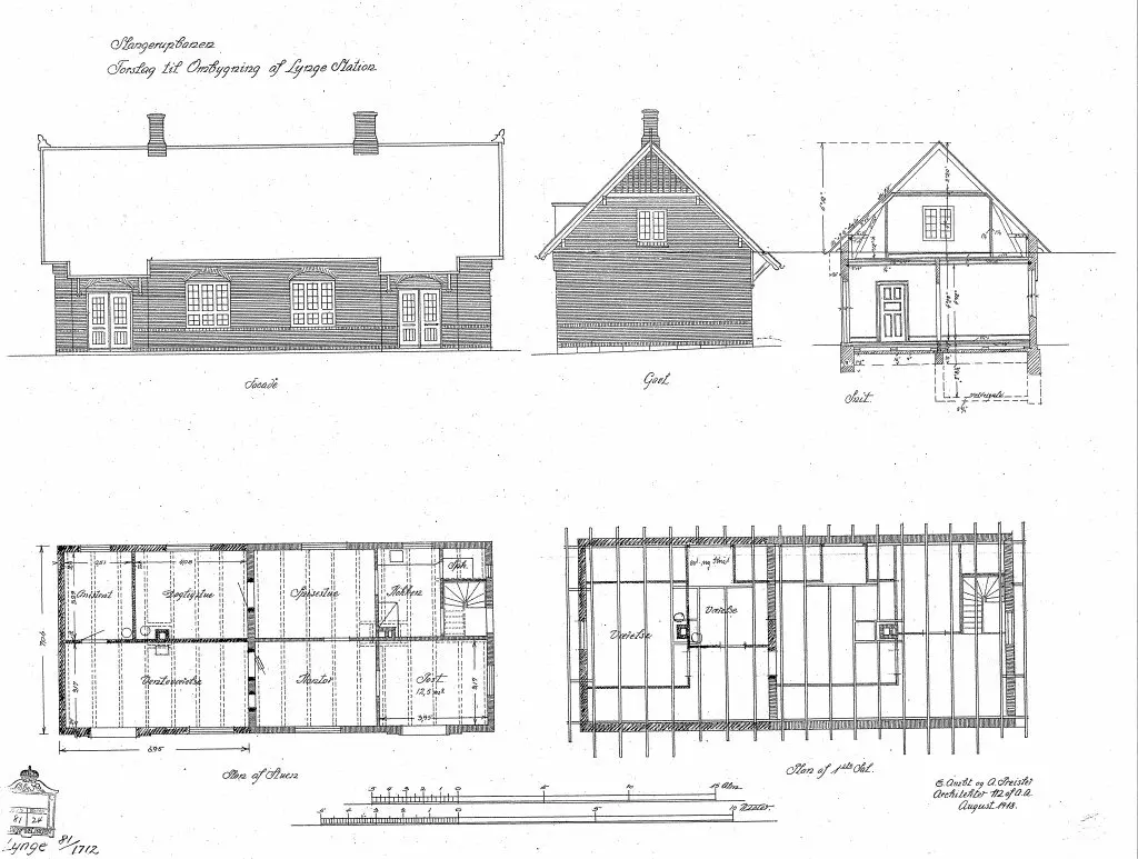 Forslag til ombygning af Lynge Station. Sign.: E. Ambt og A. Preisler. Forslag til ombygning af Lynge Station. Sign.: E. Ambt og A. Preisler.