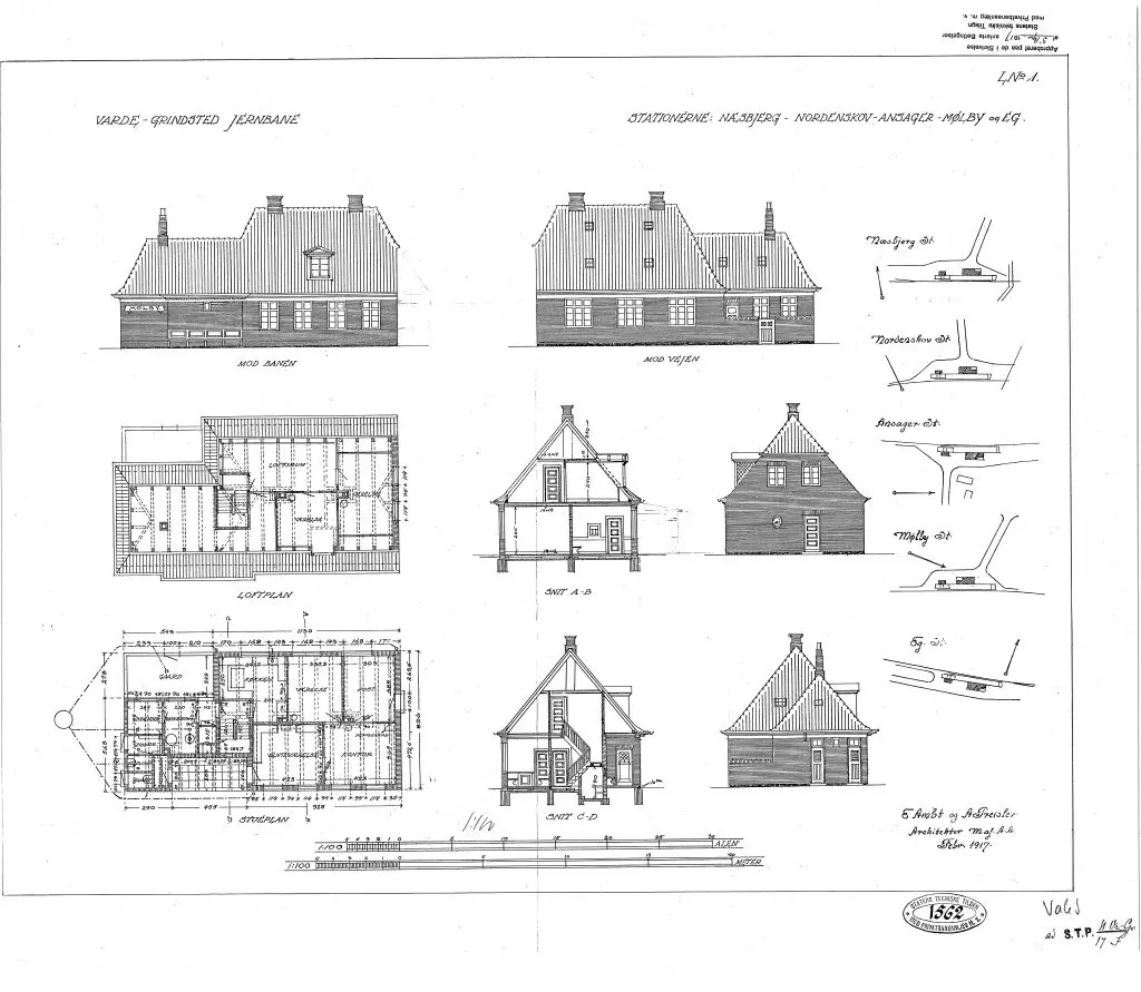 Tegning af Næsbjerg Station Sign.: E. Ambt og A. Preisler. Tegning af Næsbjerg Station Sign.: E. Ambt og A. Preisler.