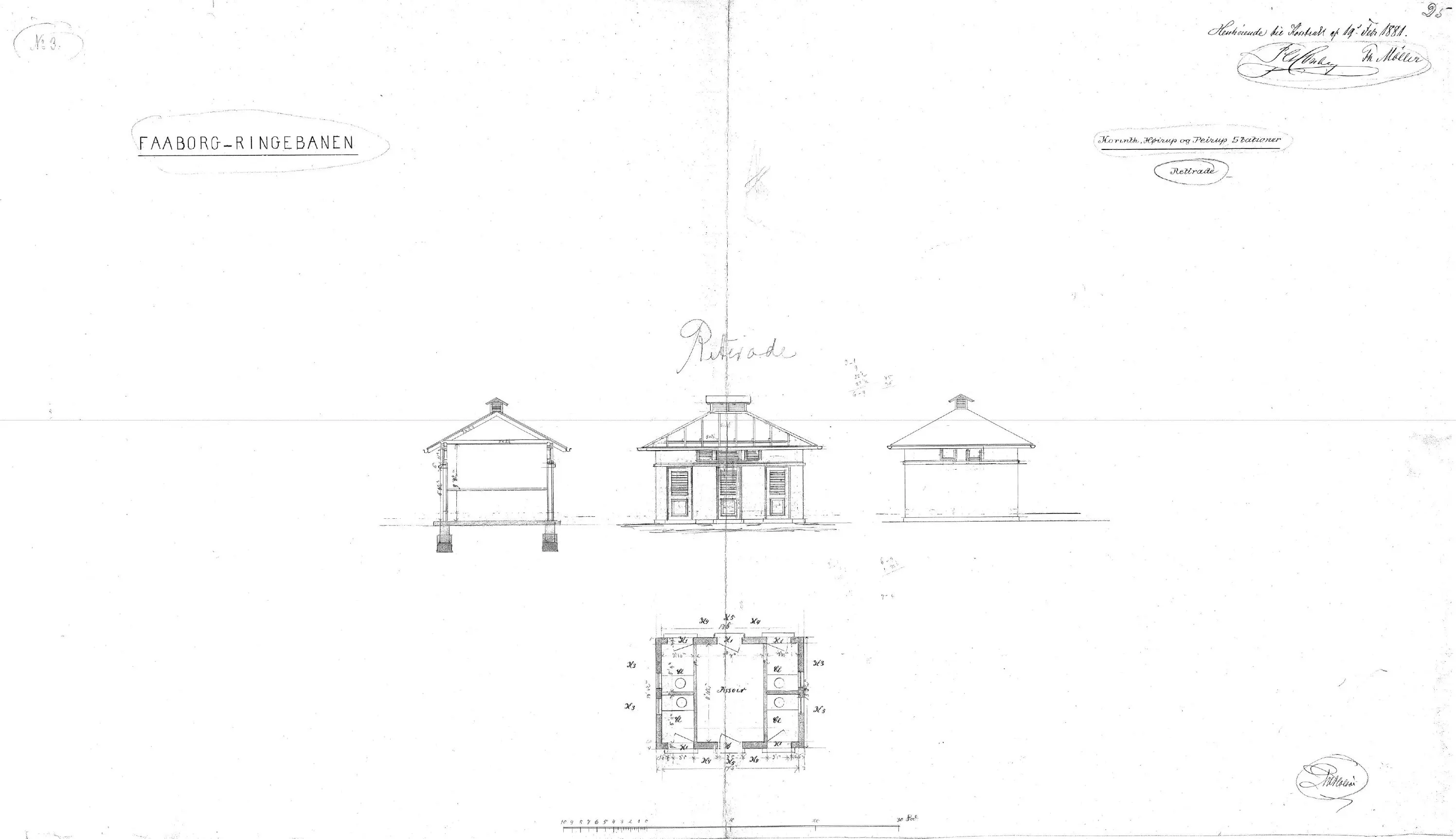 Tegning af Højrup Stations retirade Sign.: N.P.C. Holsøe. Tegning af Højrup Stations retirade Sign.: N.P.C. Holsøe.