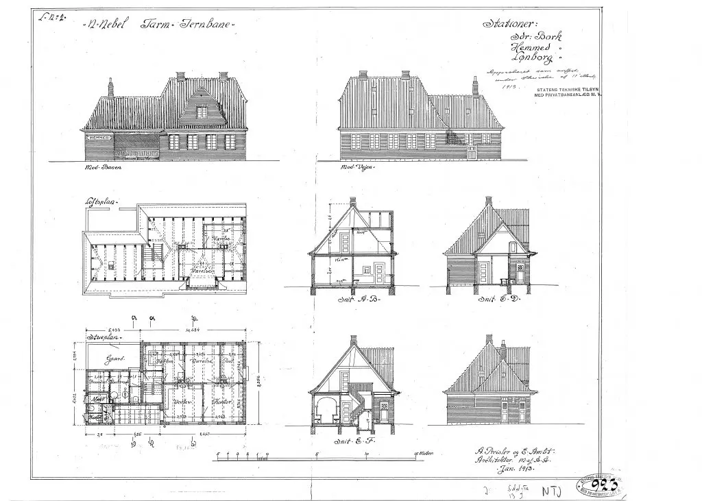 Tegning af Hemmet Station Sign.: A. Preisler og E. Ambt. Tegning af Hemmet Station Sign.: A. Preisler og E. Ambt.