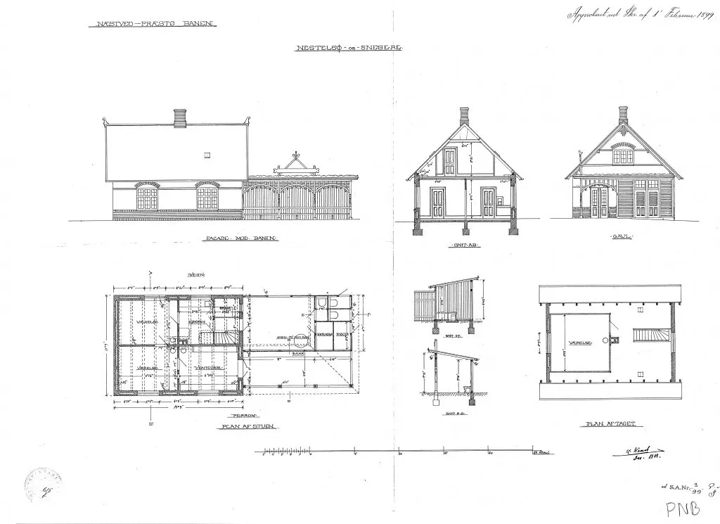 Tegning af den planlagte Næstelsø Station, som ikke blev til noget, men blev erstattet af Næstelsø Trinbræt med Sidespor. Sign.: H. Wenck.