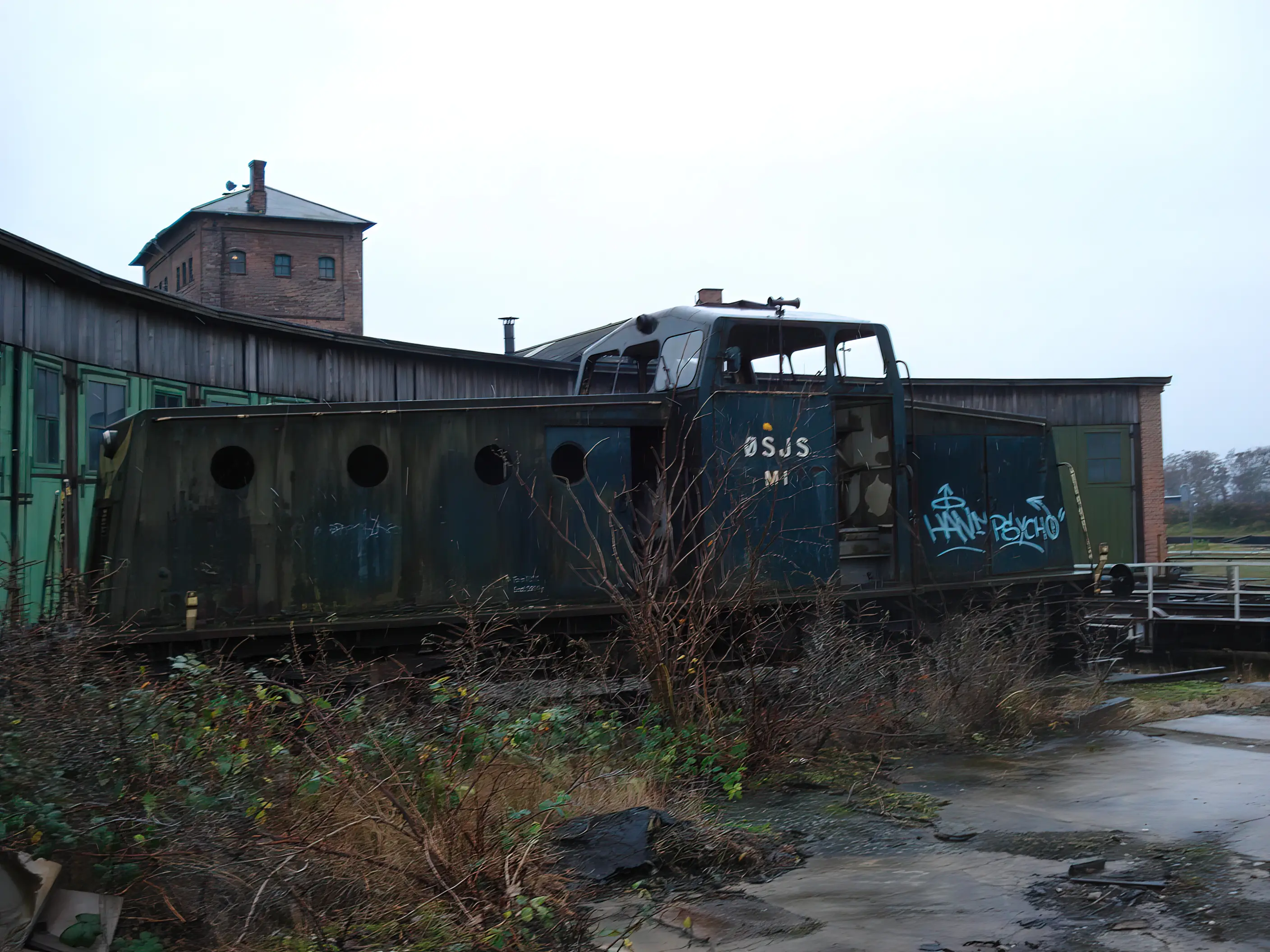 Billede af remiseområdet ved Gedser Station.