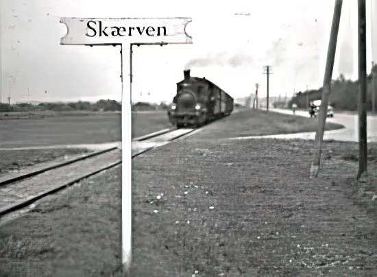 Billede af badetog, som ankommer til Skærven Trinbræt - her set i retning mod Nyborg. Billede af badetog, som ankommer til Skærven Trinbræt - her set i retning mod Nyborg.