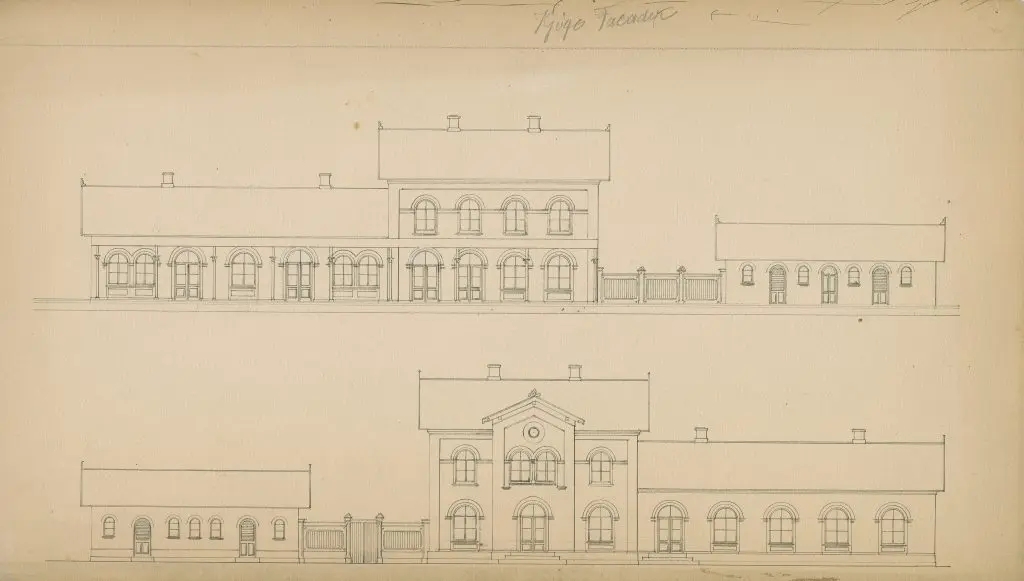 Tegning af Køge Station. Tegning af Køge Station.