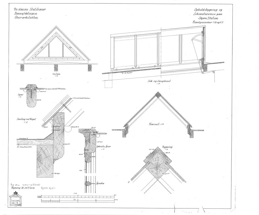 Tegning af Skjern Stations opholdsbygning og lokomotivremise. Tegning af Skjern Stations opholdsbygning og lokomotivremise.