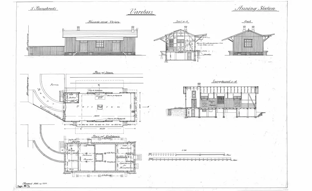 Tegning af Auning Stations pakhus. Tegning af Auning Stations pakhus.