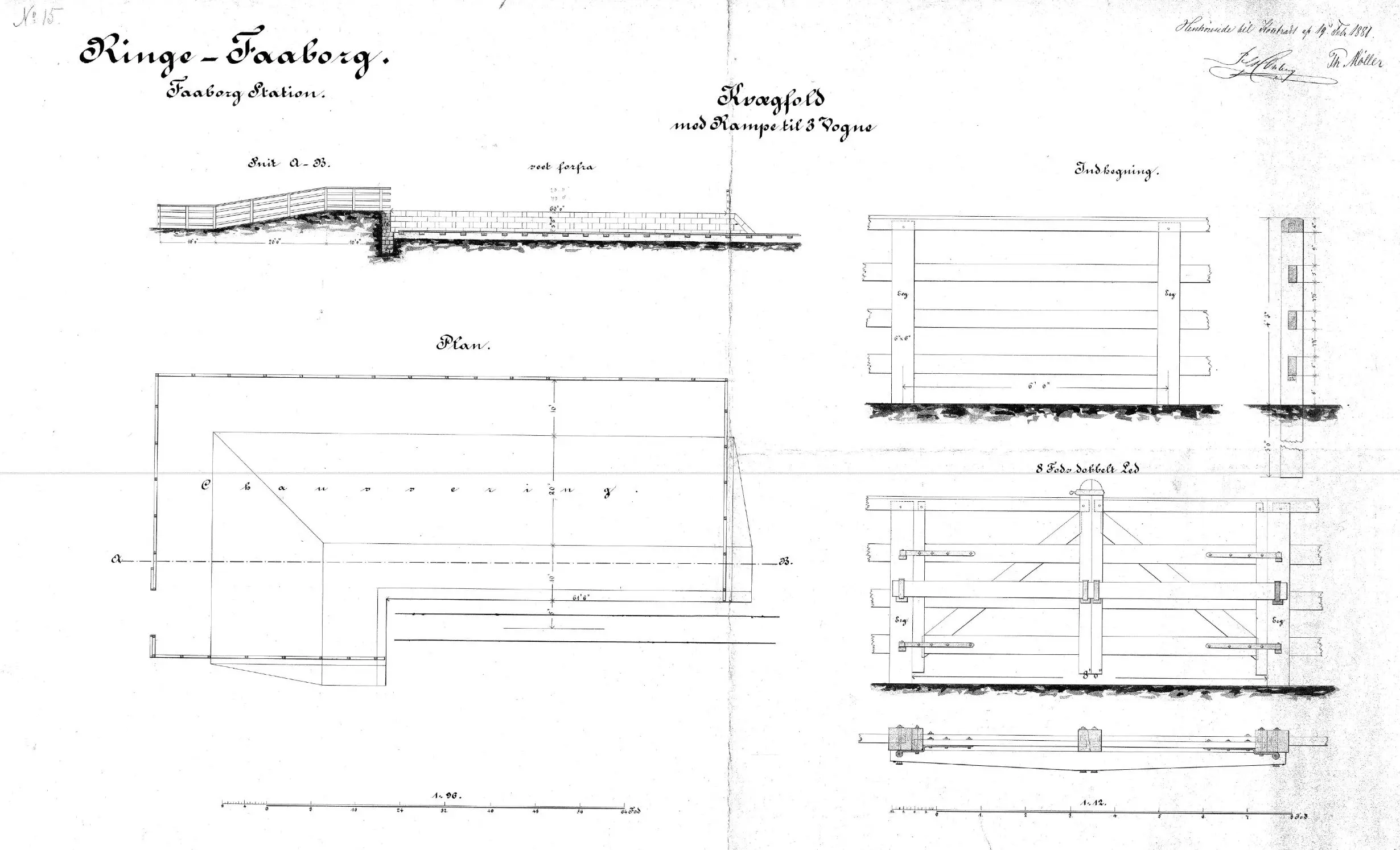 Tegning af Faaborg Stations Kvægfold med rampe til 3 vogne. Tegning af Faaborg Stations Kvægfold med rampe til 3 vogne.