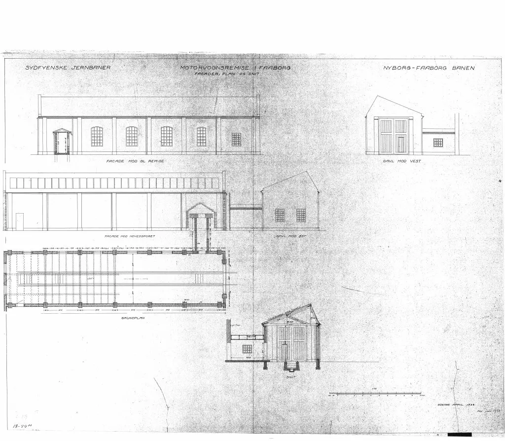 Tegning af Faaborg Stations Motorvognsremise. Tegning af Faaborg Stations Motorvognsremise.