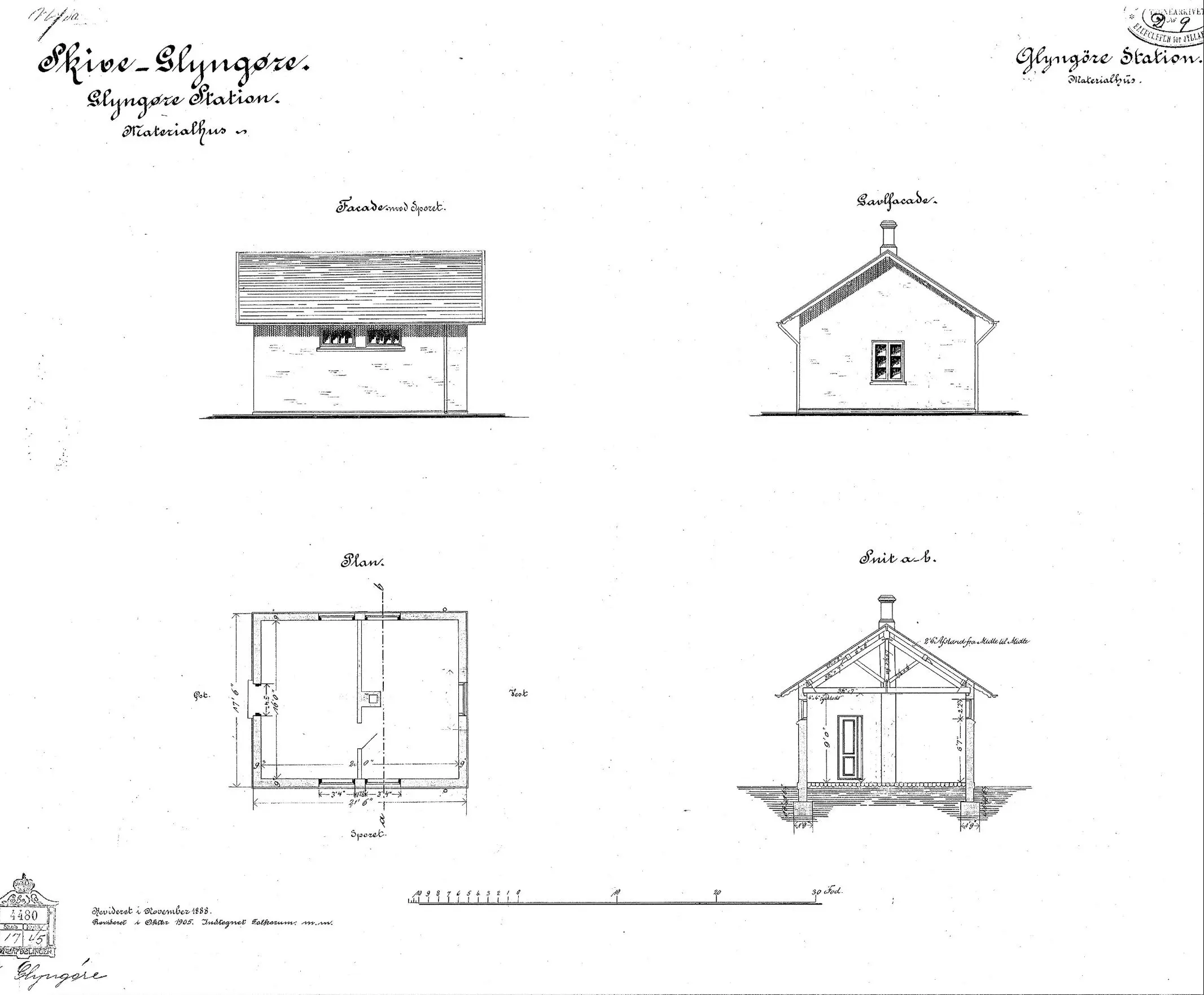 Tegning af Glyngøre Stations Materialhus.
