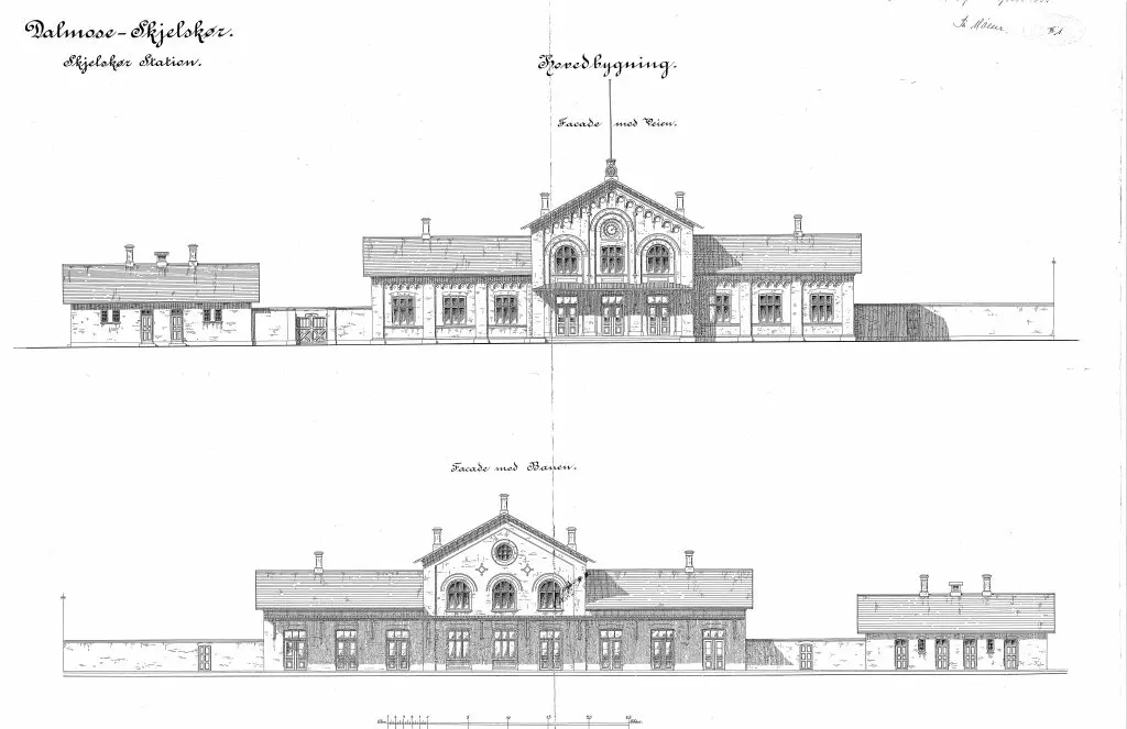 Tegning af Skælskør Station. Tegning af Skælskør Station.