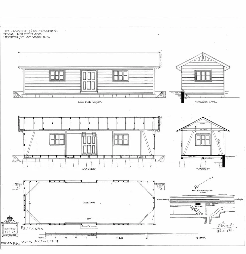 Tegning af Nivå Stations Udvidelse af varehus. Sign.: H. Wenck. Tegning af Nivå Stations Udvidelse af varehus. Sign.: H. Wenck.