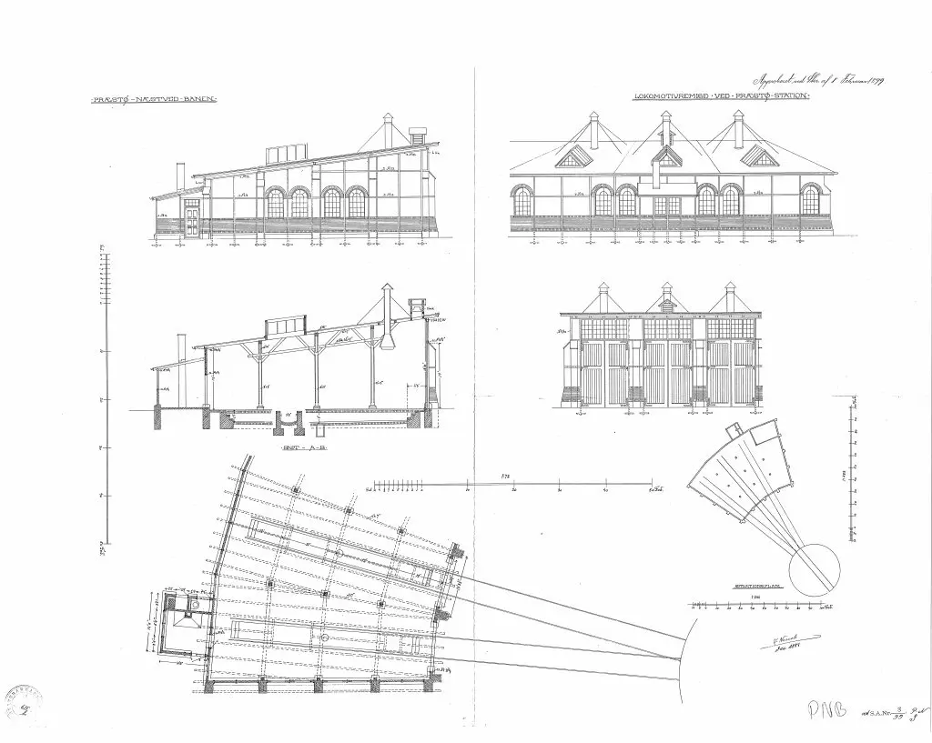 Tegning af Præstø Stations Lokomotivremise. Sign.: H. Wenck.