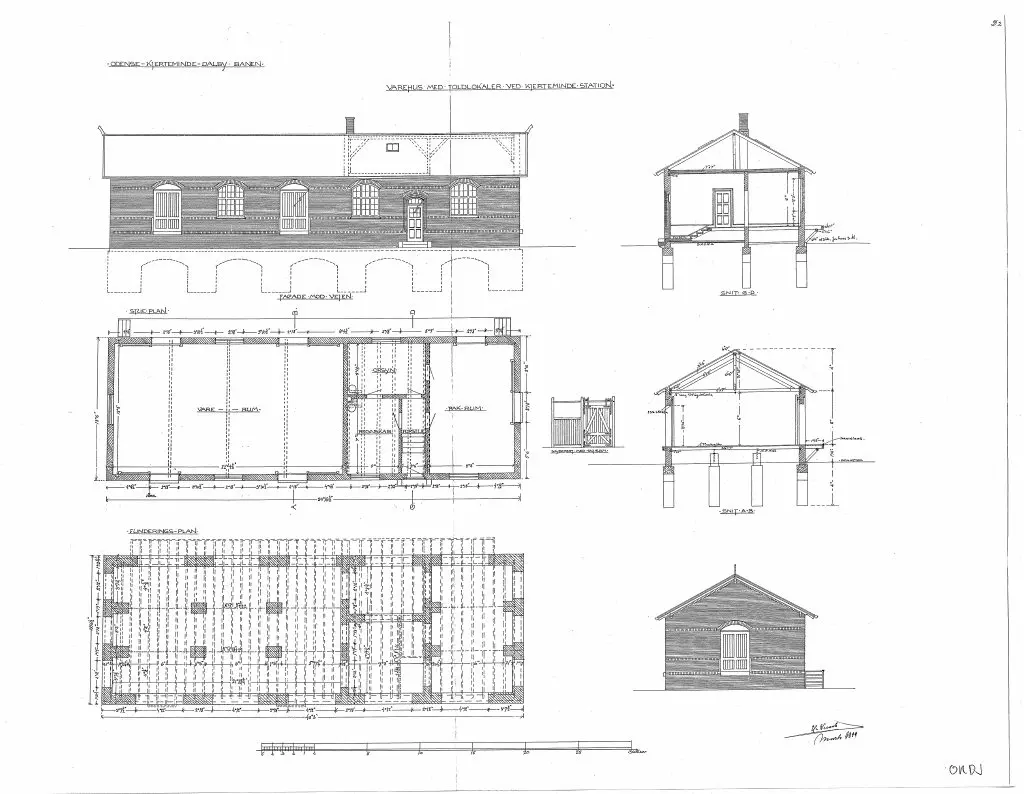 Tegning af Kerteminde Stations Varehus med toldlokaler. Sign.: H. Wenck. Tegning af Kerteminde Stations Varehus med toldlokaler. Sign.: H. Wenck.