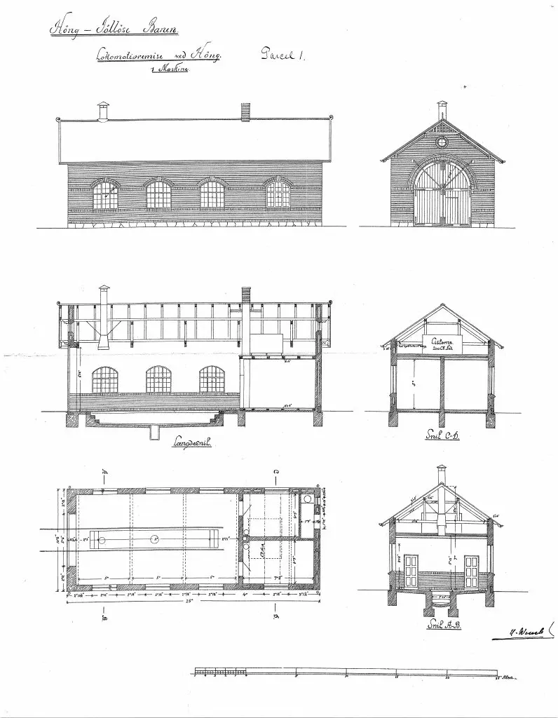 Tegning af Høng Stations Lokomotivremise. Sign.: H. Wenck.