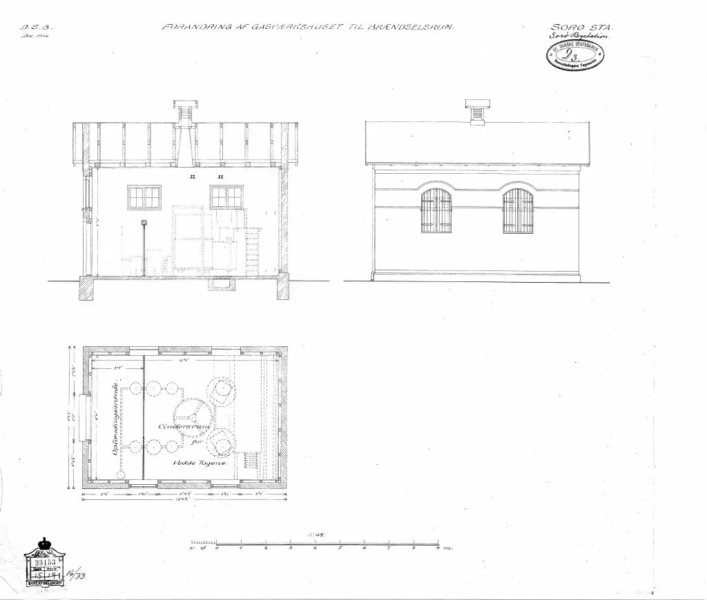 Tegning af Sorø By Stations Forandring af gasværkshuset til brændselsrum. Tegning af Sorø By Stations Forandring af gasværkshuset til brændselsrum.