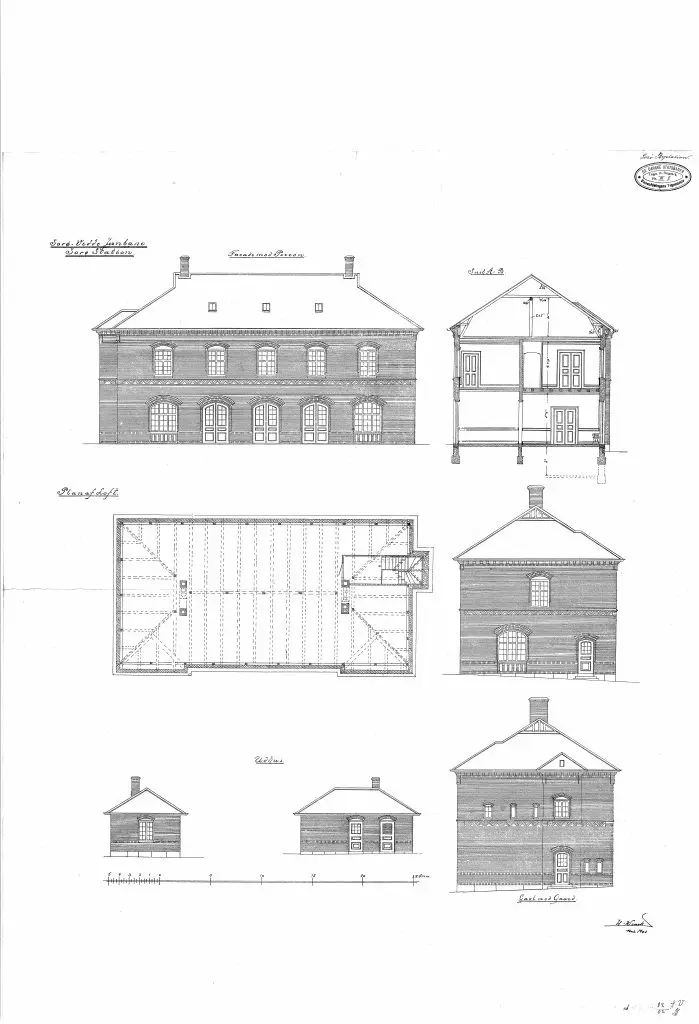 Tegning af Sorø By Station. Tegning af Sorø By Station.