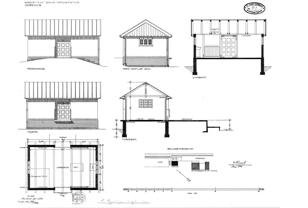 Tegning af Gødstrup Stations varehus. Tegning af Gødstrup Stations varehus.