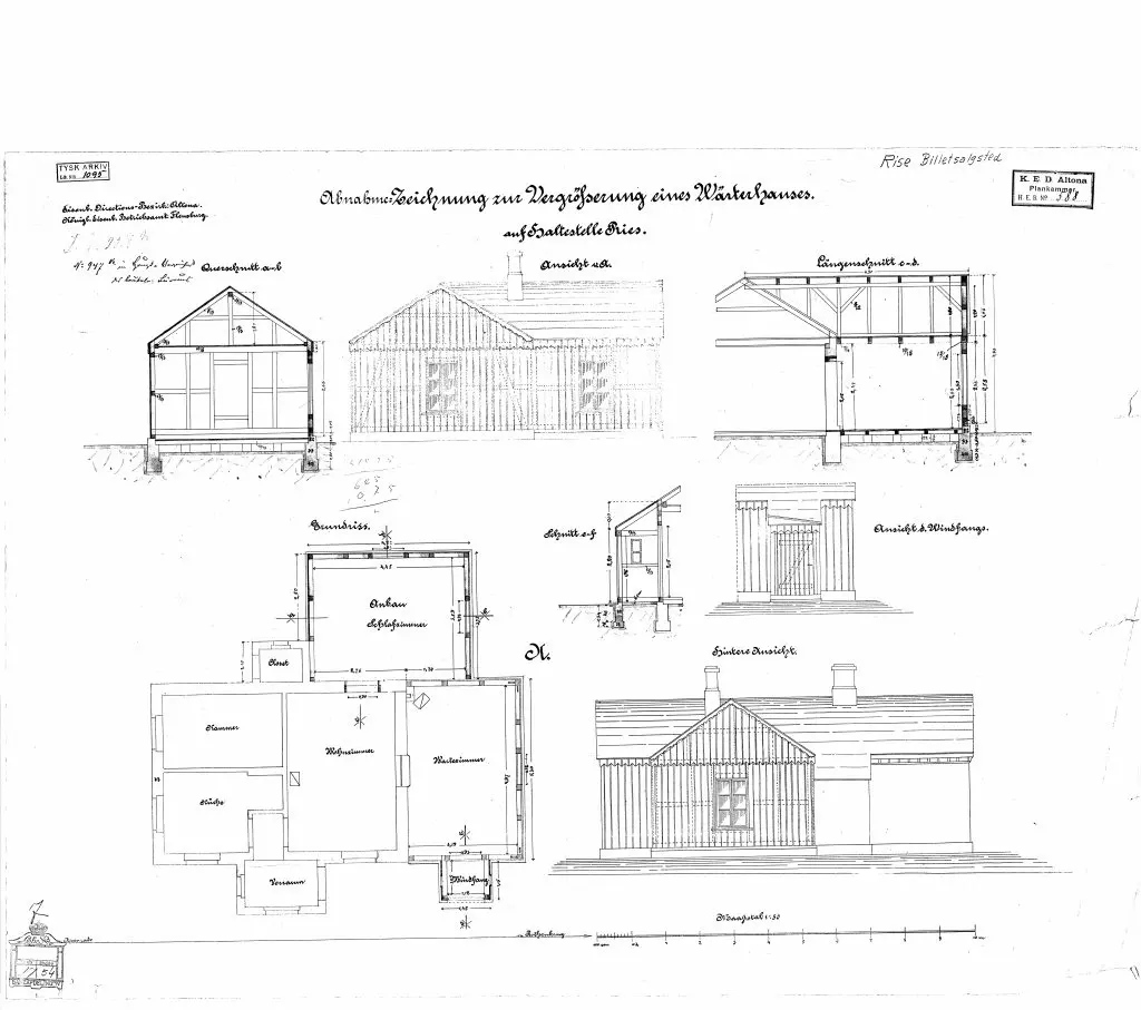 Tegning af Udvidelse af stationsbygning ved Rise Billetsalgssted. Tegning af Udvidelse af stationsbygning ved Rise Billetsalgssted.