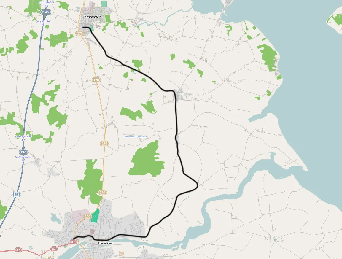 Kort over benestrækningen: Haderslev-Christiansfeld (HAJ)