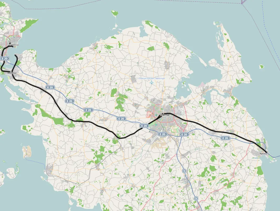 Kort over benestrækningen: Den fynske hovedbane (DSB)