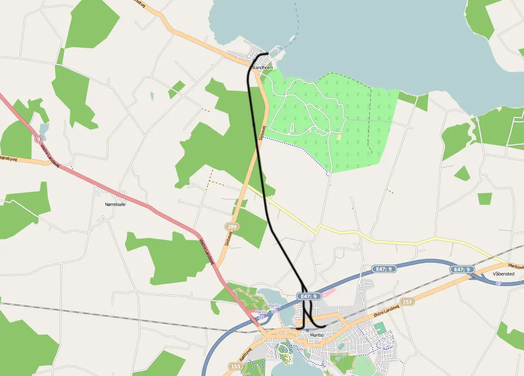 Kort over benestrækningen: Maribo-Bandholm Jernbane (MBJ) Kort over benestrækningen: Maribo-Bandholm Jernbane (MBJ)