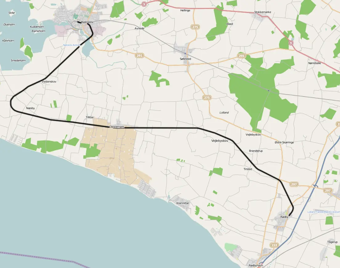 Kort over benestrækningen: Nakskov-Rødby Jernbane (NRJ) Kort over benestrækningen: Nakskov-Rødby Jernbane (NRJ)
