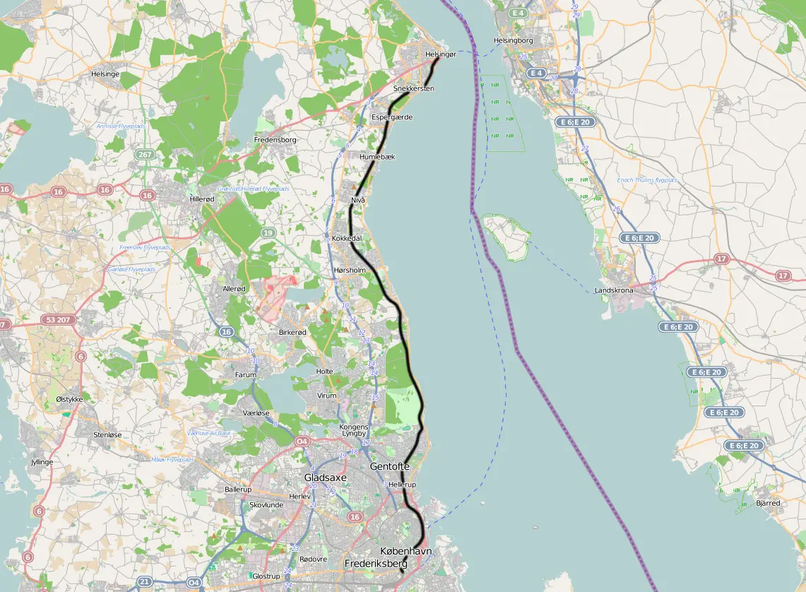 Banekort fra København H-Helsingør (Den sjællandske Kystbane)  (DSB).