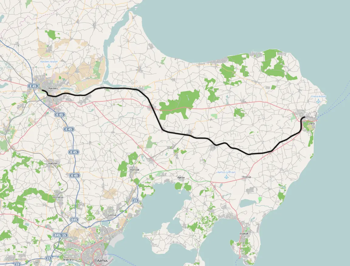 Banekort fra Randers-Ryomgård  (DSB).