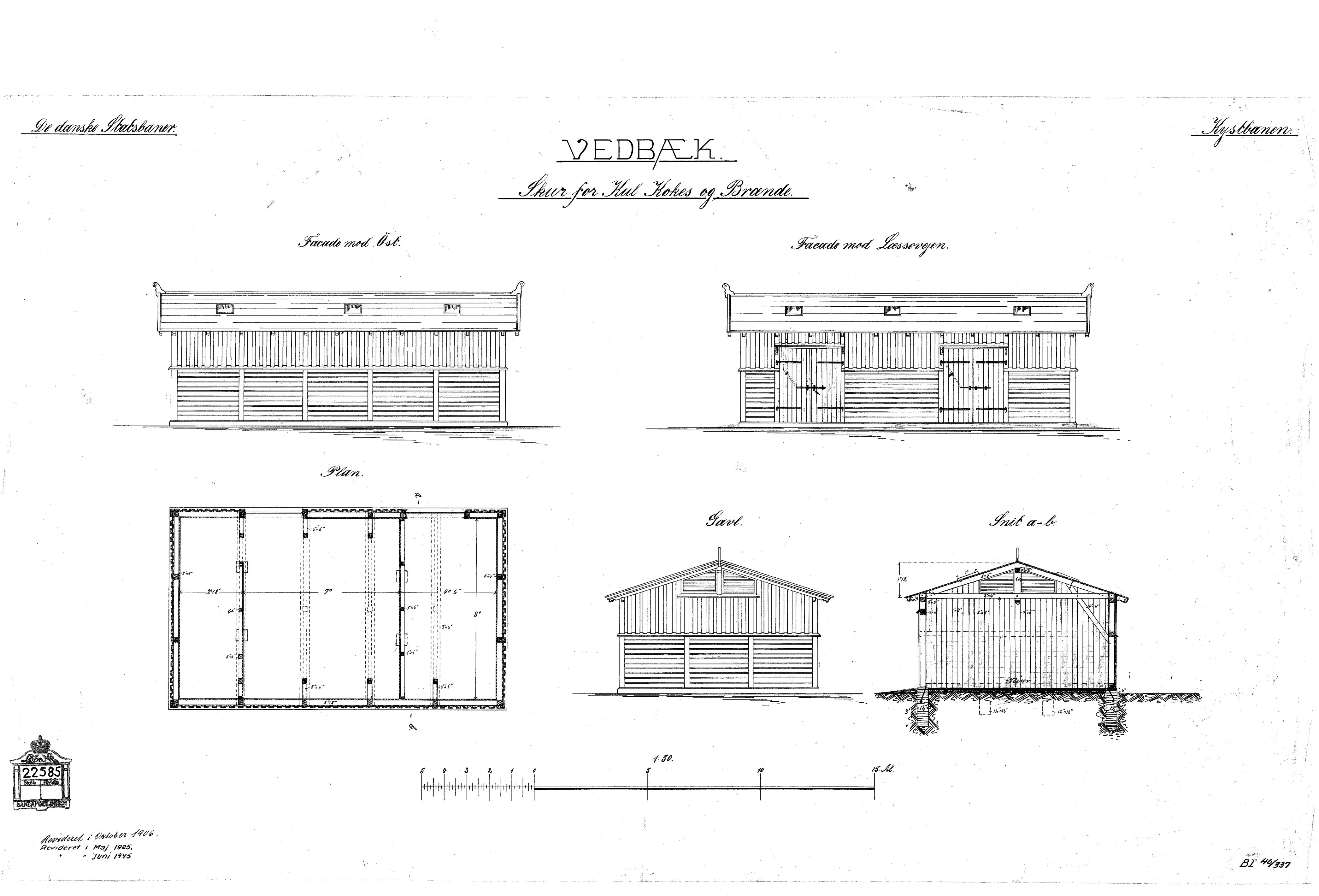 Tegning af Skur for kul, koks og brænde ved Vedbæk Station. Tegning af Skur for kul, koks og brænde ved Vedbæk Station.