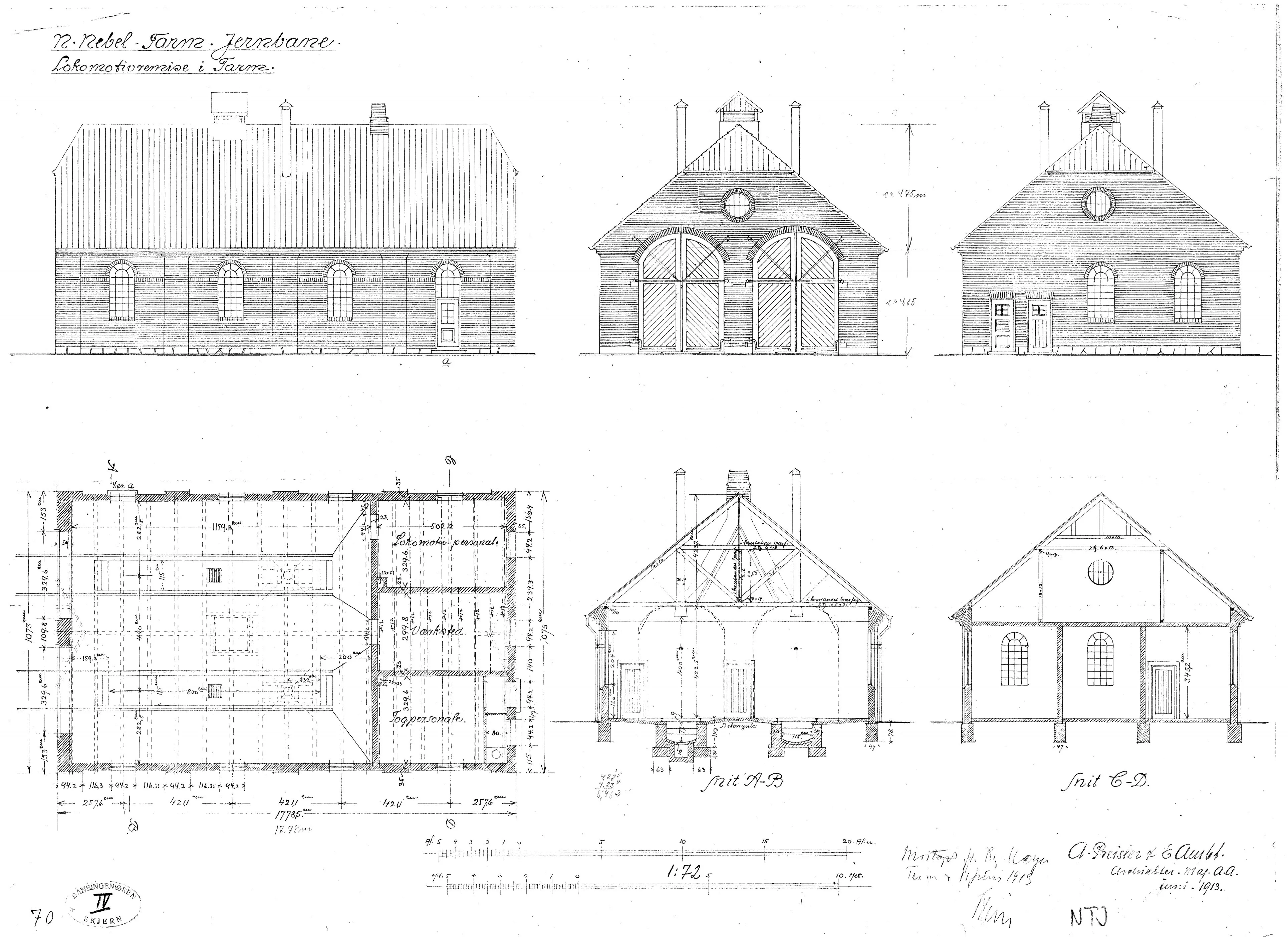 Tegning af Tarm Stations remise. Tegning af Tarm Stations remise.