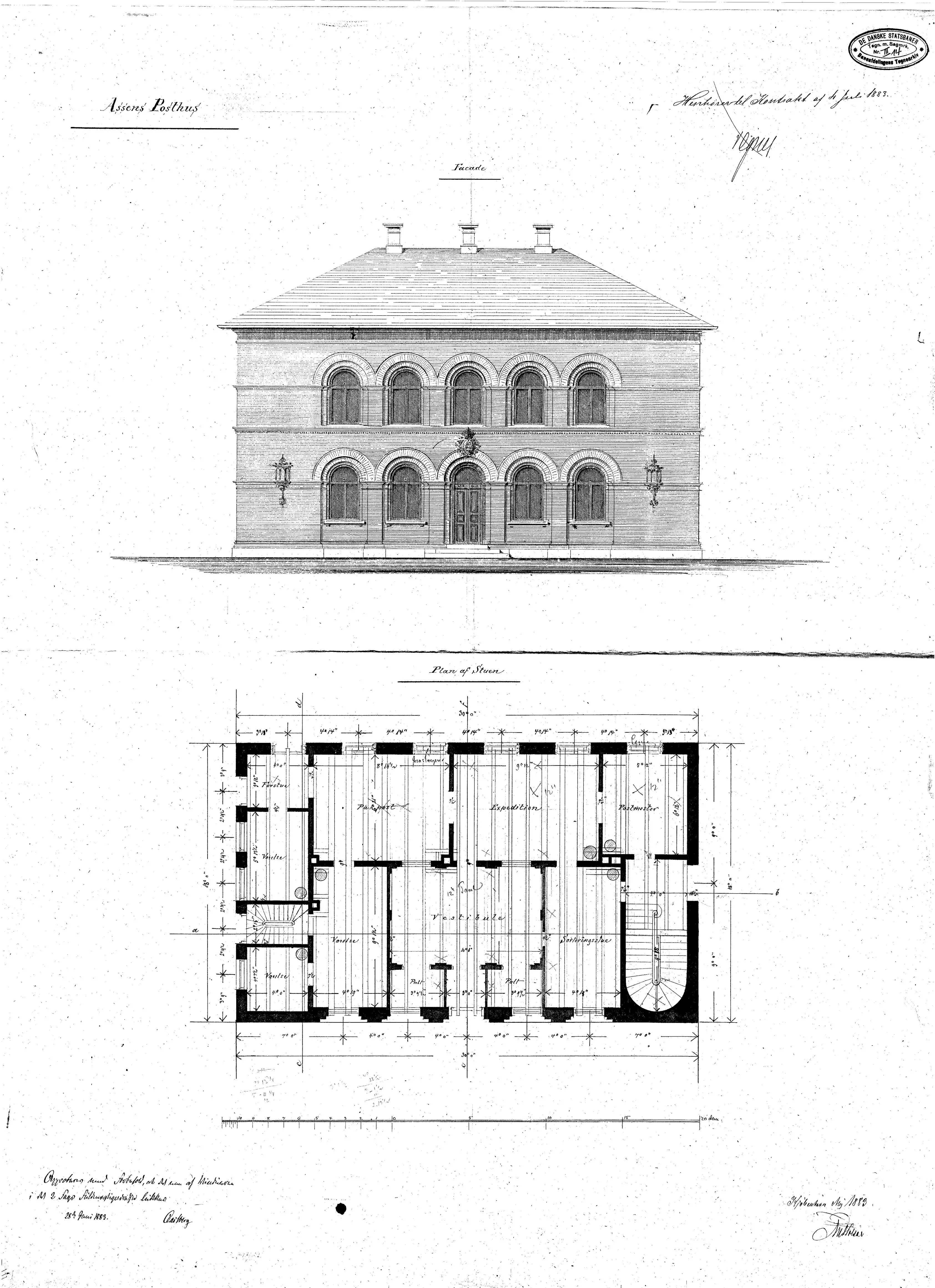 Tegning af posthuset ved Assens Station. Tegning af posthuset ved Assens Station.