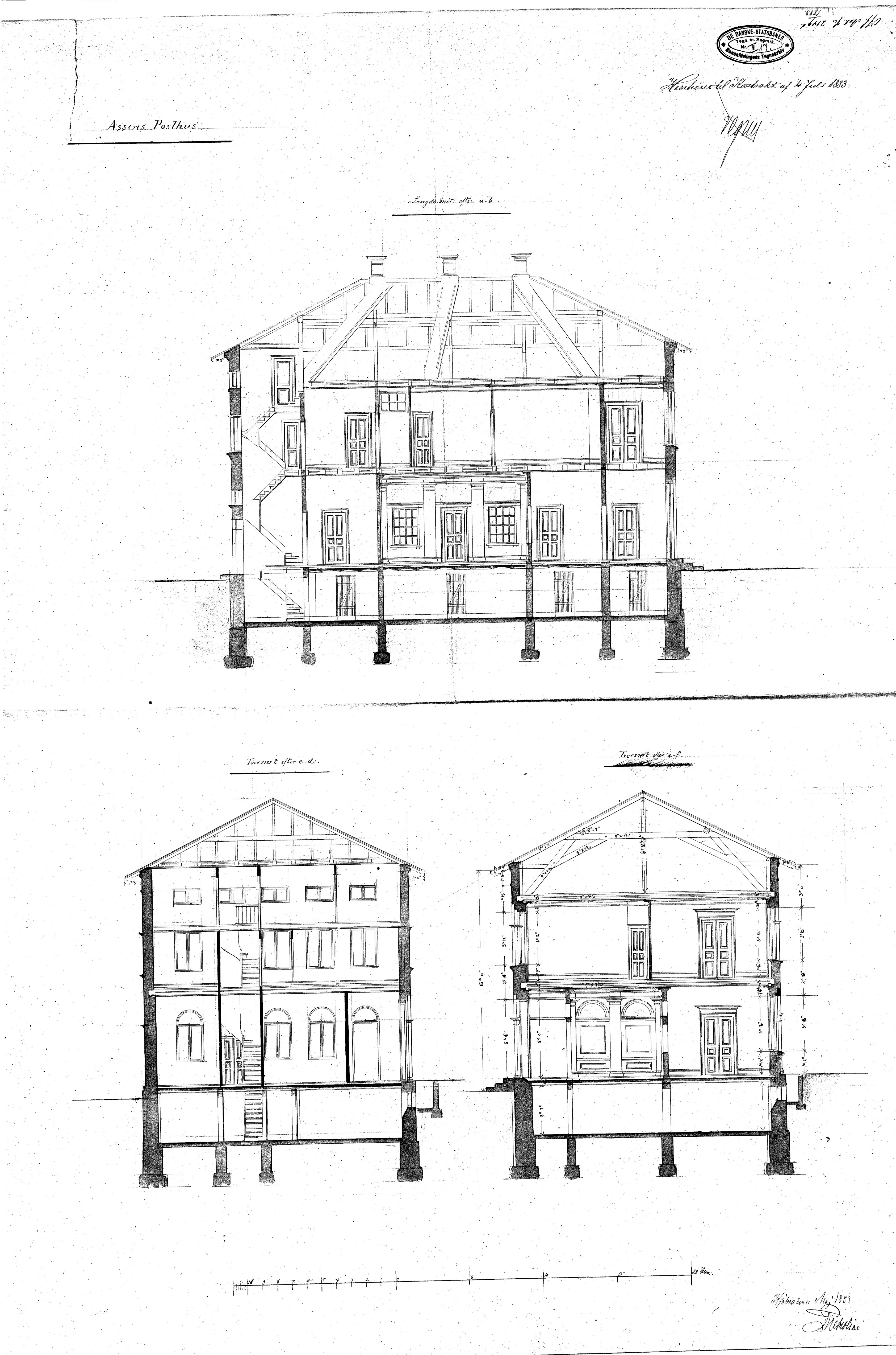 Tegning af posthuset ved Assens Station. Tegning af posthuset ved Assens Station.