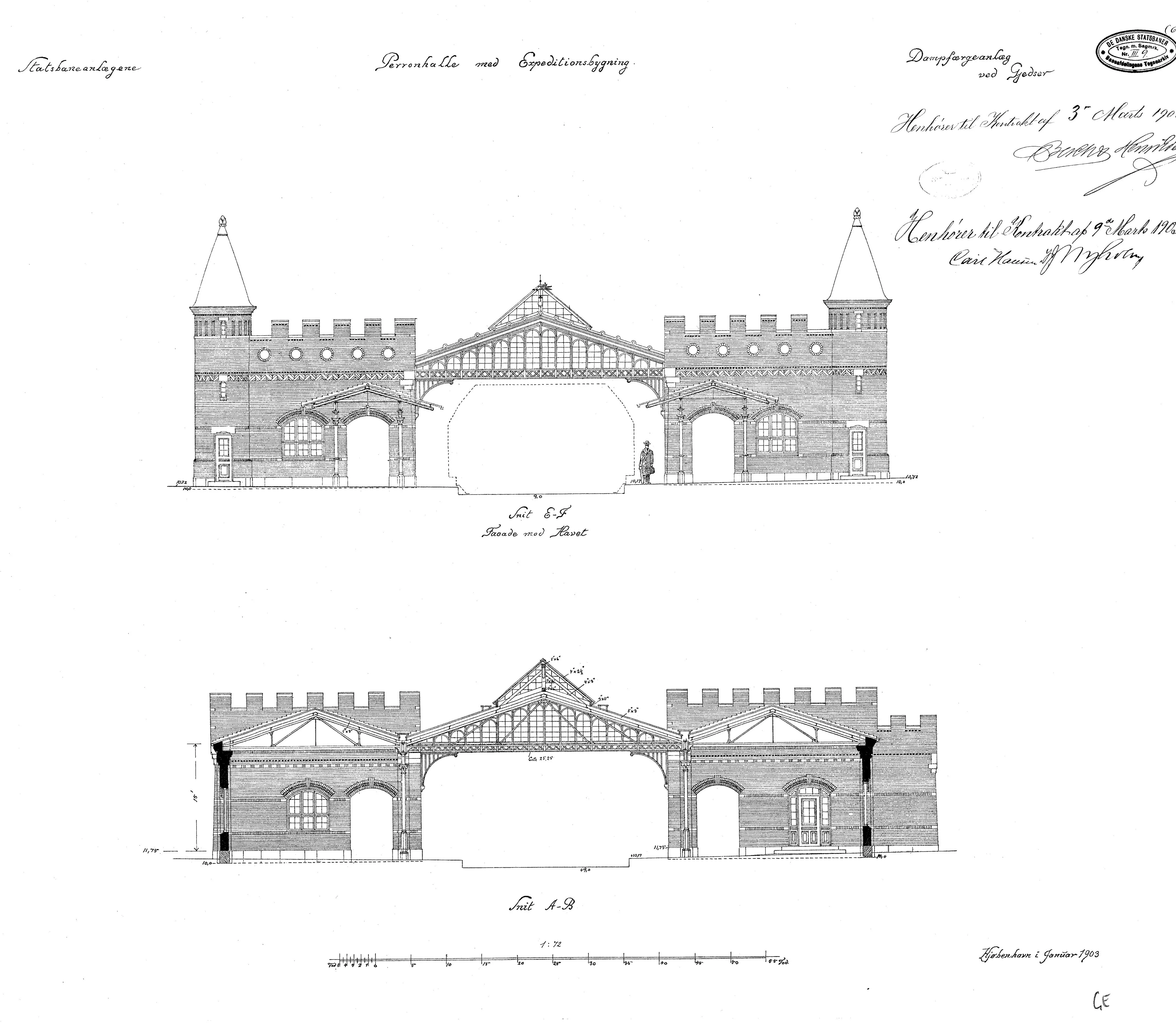 Tegning af Gedser Station.