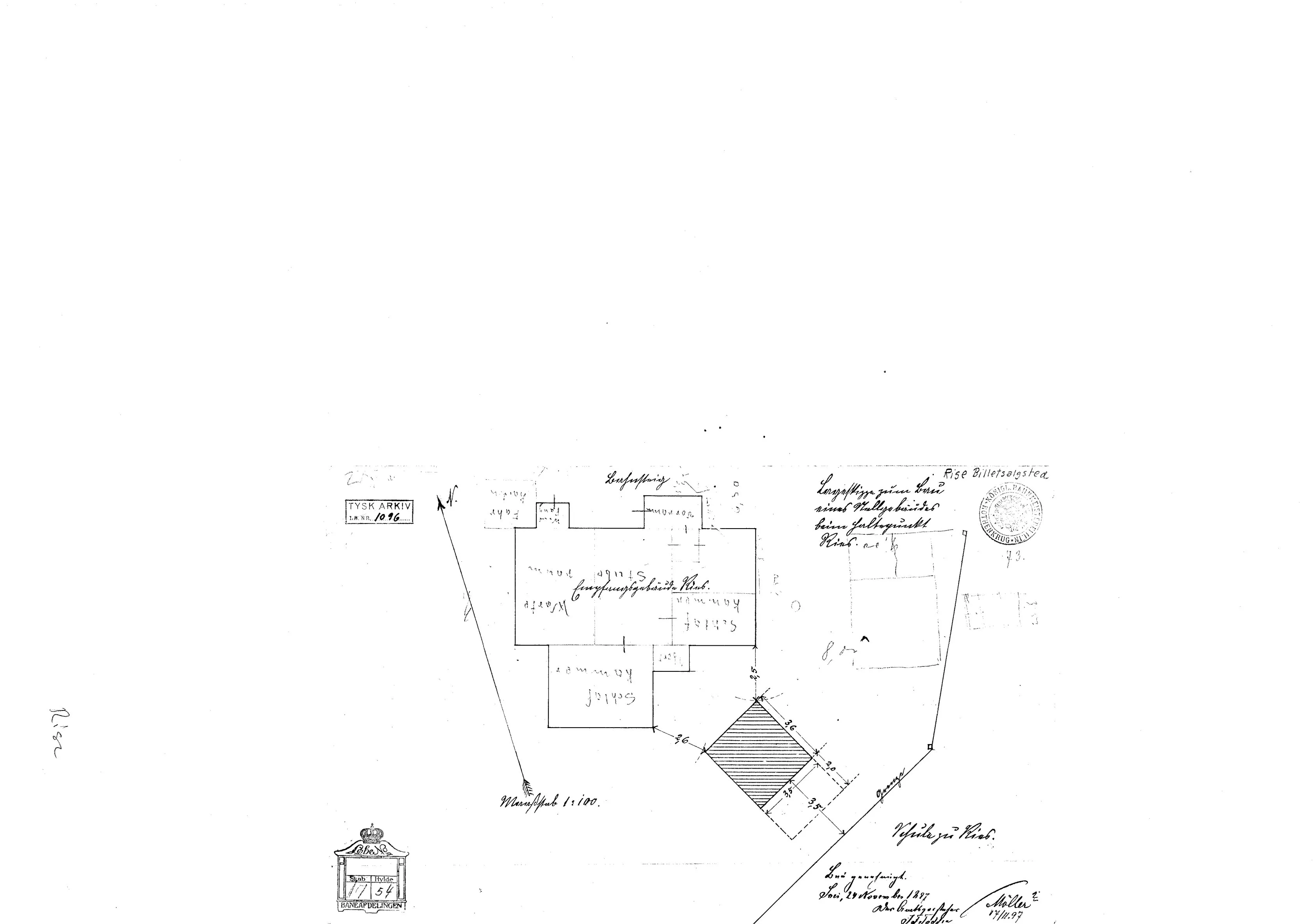 Tegning af Rise Billetsalgssted - Udvidelse af stationsbygning. Tegning af Rise Billetsalgssted - Udvidelse af stationsbygning.